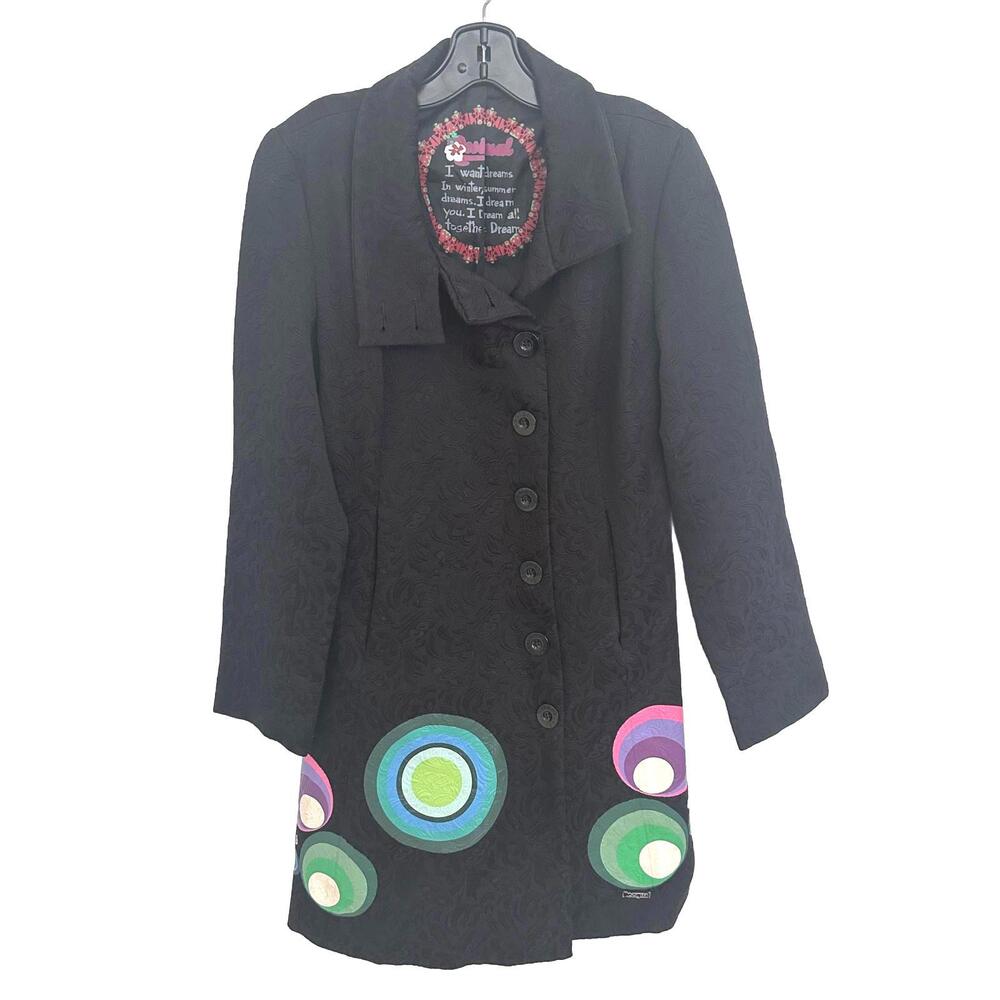 Desigual Women's Black Button-Up Brocade Coat Colourful Circular Pattern - 42